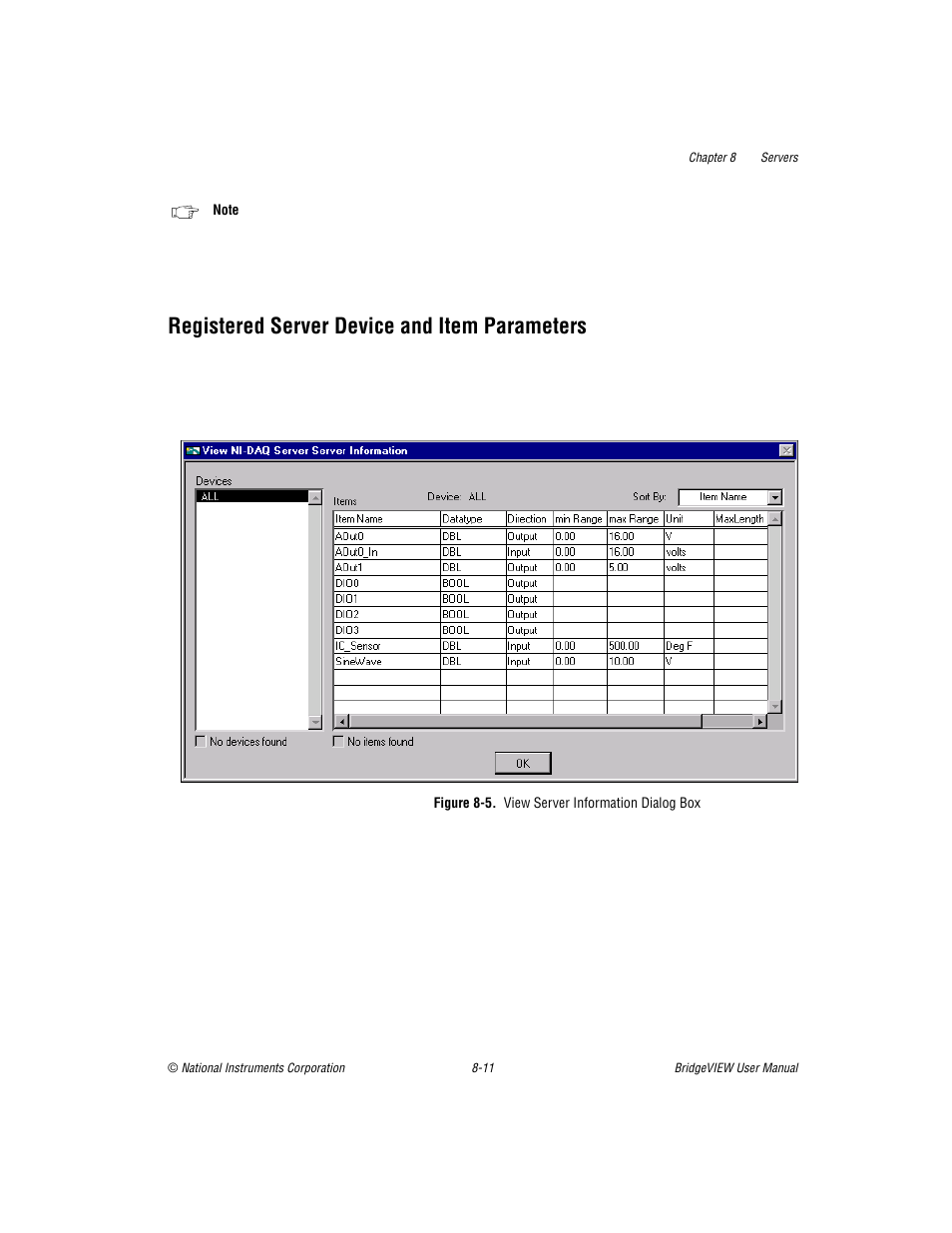 Registered server device and item parameters, Figure 85. view server information dialog box, Registered server device and item parameters -11 | Figure 8-5, View server information dialog box -12 | National Instruments BridgeVIEW User Manual | Page 206 / 455