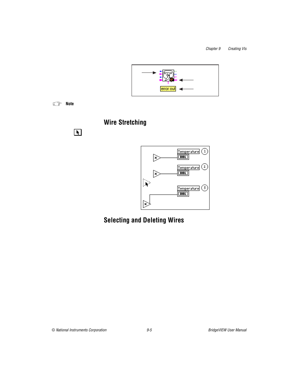 Wire stretching, Selecting and deleting wires, Wire stretching -5 selecting and deleting wires -5 | National Instruments BridgeVIEW User Manual | Page 213 / 455