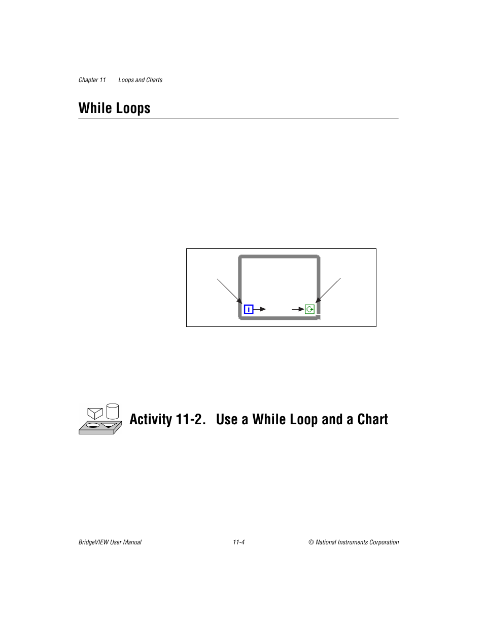 While loops, While loops -4, Activity 11-2. use a while loop and a chart | National Instruments BridgeVIEW User Manual | Page 243 / 455