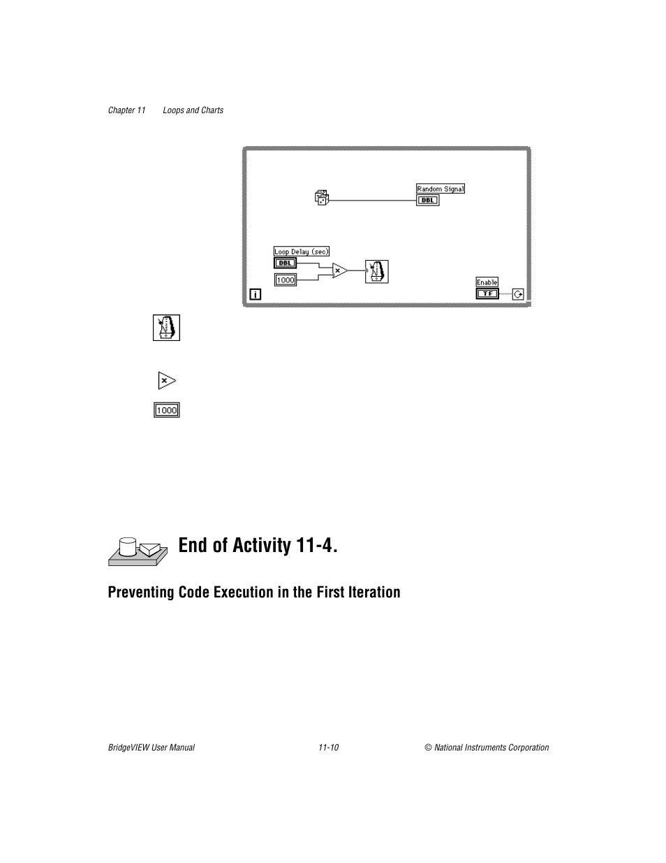 Preventing code execution in the first iteration, End of activity 11-4 | National Instruments BridgeVIEW User Manual | Page 249 / 455