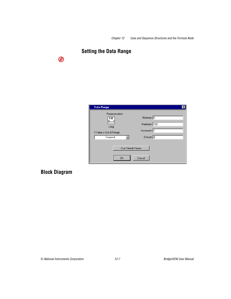 Setting the data range, Block diagram | National Instruments BridgeVIEW User Manual | Page 270 / 455