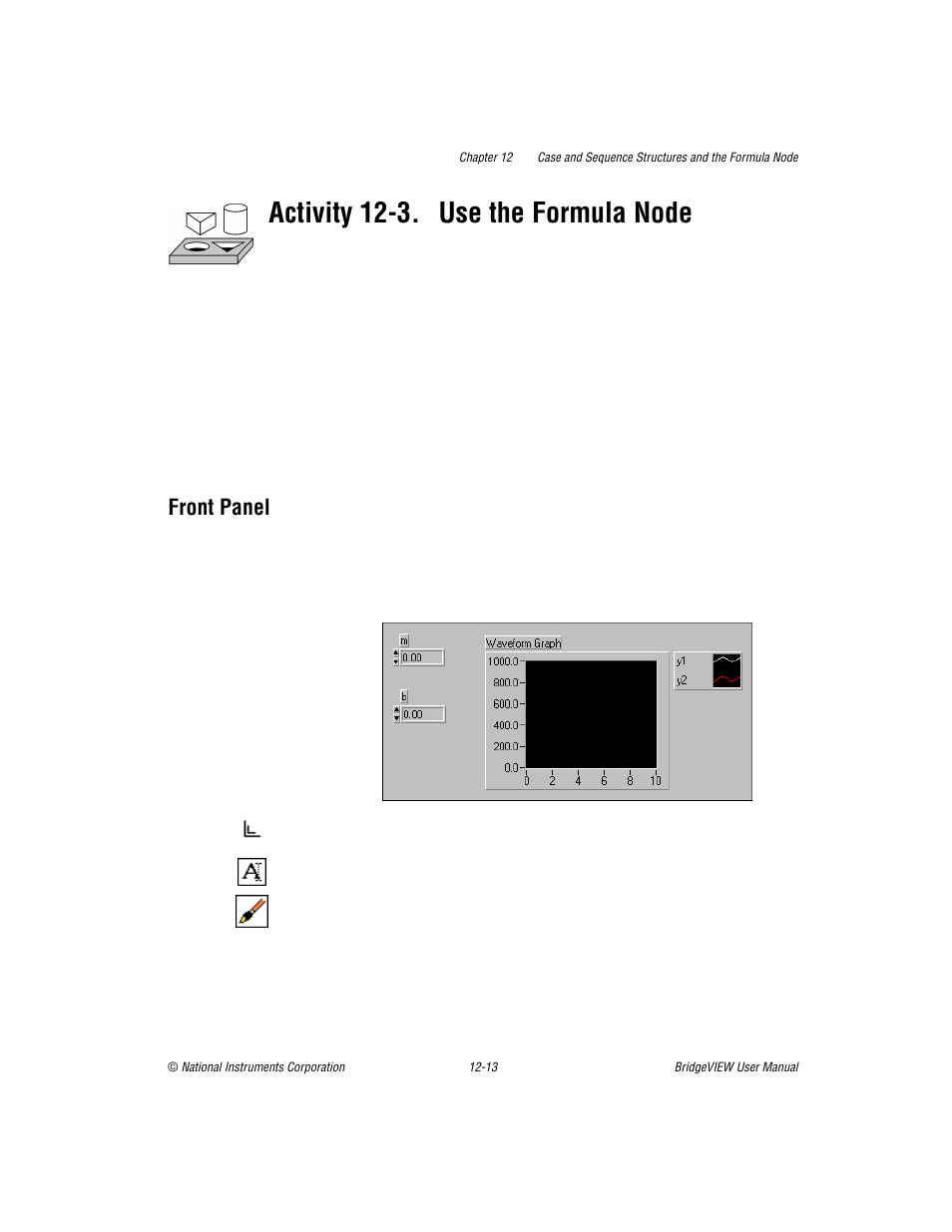 Front panel, Activity 12-3. use the formula node | National Instruments BridgeVIEW User Manual | Page 276 / 455