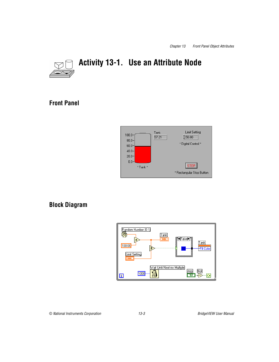 Front panel, Block diagram, Activity 13-1. use an attribute node | National Instruments BridgeVIEW User Manual | Page 281 / 455