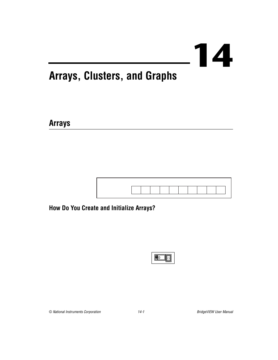 Chapter 14 arrays, clusters, and graphs, Arrays, How do you create and initialize arrays | Chapter 14, Arrays, clusters, and graphs, Arrays -1, How do you create and initialize arrays? -1, Er 14, Introduces, R 14 | National Instruments BridgeVIEW User Manual | Page 283 / 455