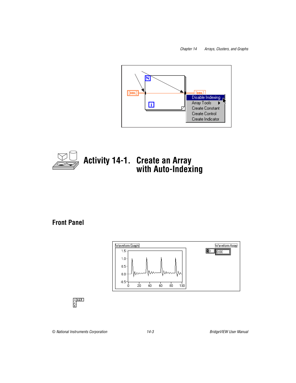 Front panel, Activity 14-1. create an array with auto-indexing | National Instruments BridgeVIEW User Manual | Page 285 / 455