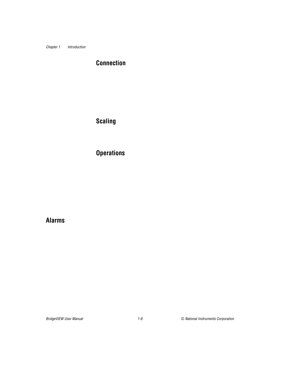 Connection, Scaling, Operations | Alarms, Connection -6 scaling -6 operations -6, Alarms -6 | National Instruments BridgeVIEW User Manual | Page 29 / 455