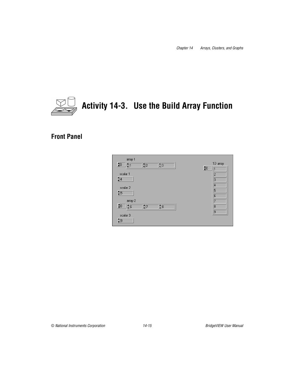 Front panel, Activity 14-3. use the build array function | National Instruments BridgeVIEW User Manual | Page 297 / 455