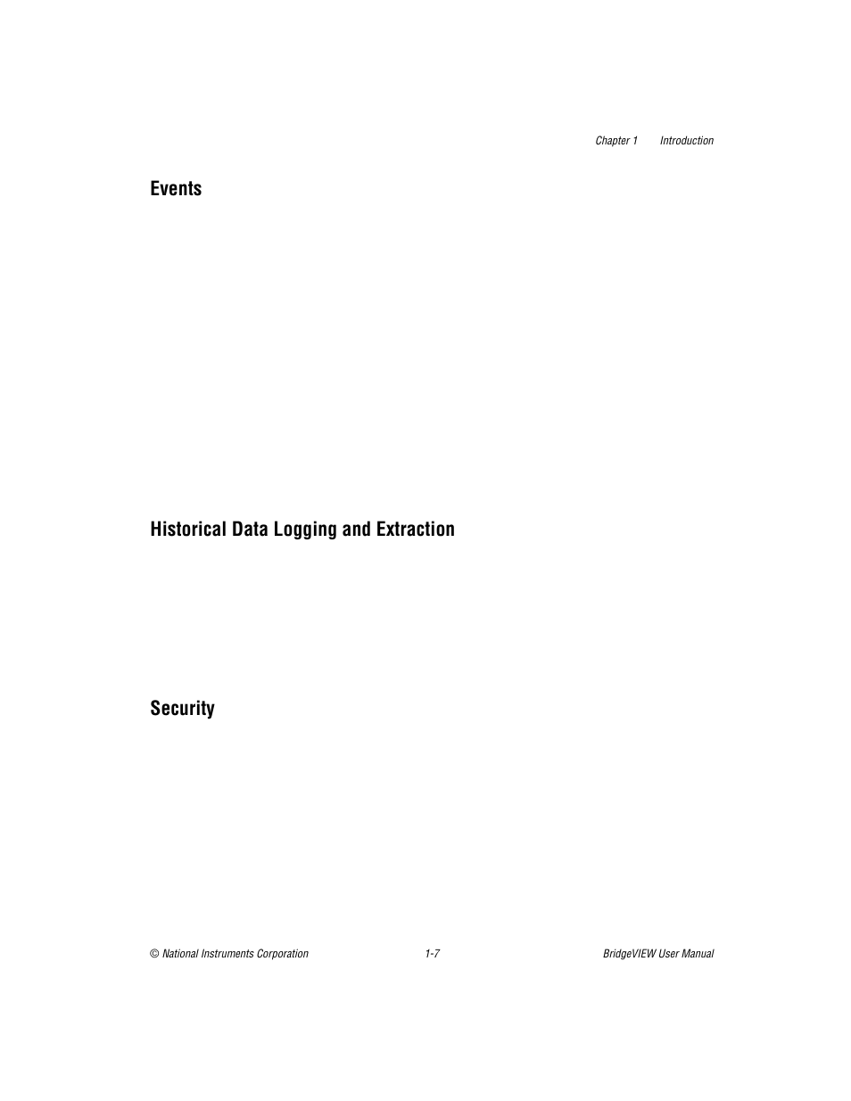 Events, Historical data logging and extraction, Security | National Instruments BridgeVIEW User Manual | Page 30 / 455