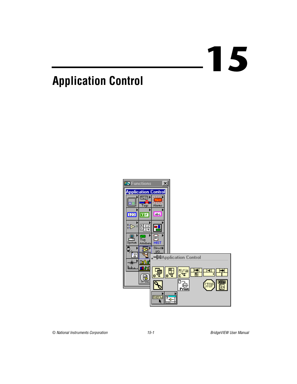 Chapter 15 application control, Chapter 15, Application control | Er 15, Introduces, R to chapter 15, And chapter 15, Application contro, Apter 15 | National Instruments BridgeVIEW User Manual | Page 306 / 455