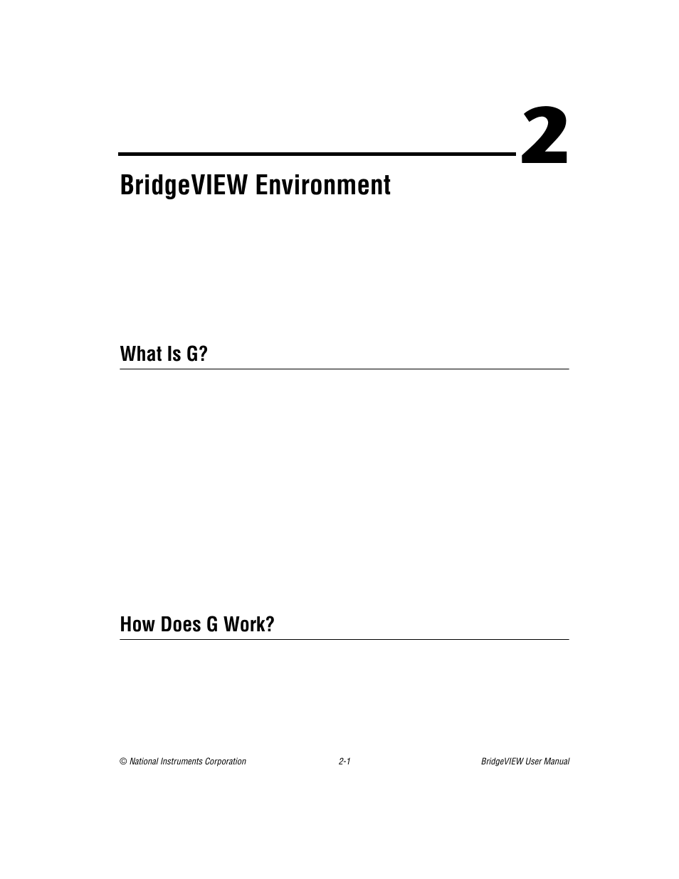 Chapter 2 bridgeview environment, What is g, How does g work | Chapter 2, Bridgeview environment, What is g? -1 how does g work? -1, Er 2, Ters, Begin with chapter | National Instruments BridgeVIEW User Manual | Page 35 / 455