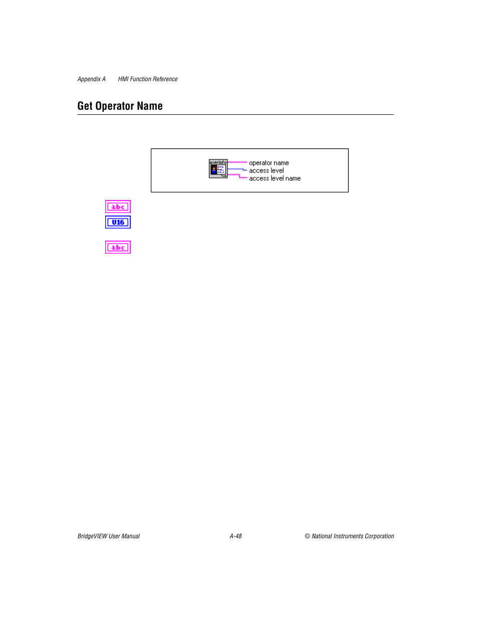 Get operator name | National Instruments BridgeVIEW User Manual | Page 368 / 455