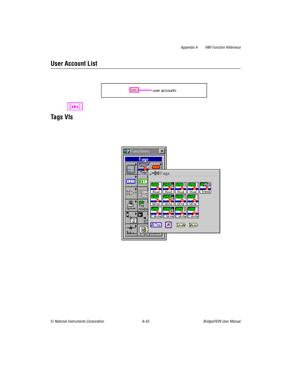 User account list, Tags vis | National Instruments BridgeVIEW User Manual | Page 373 / 455