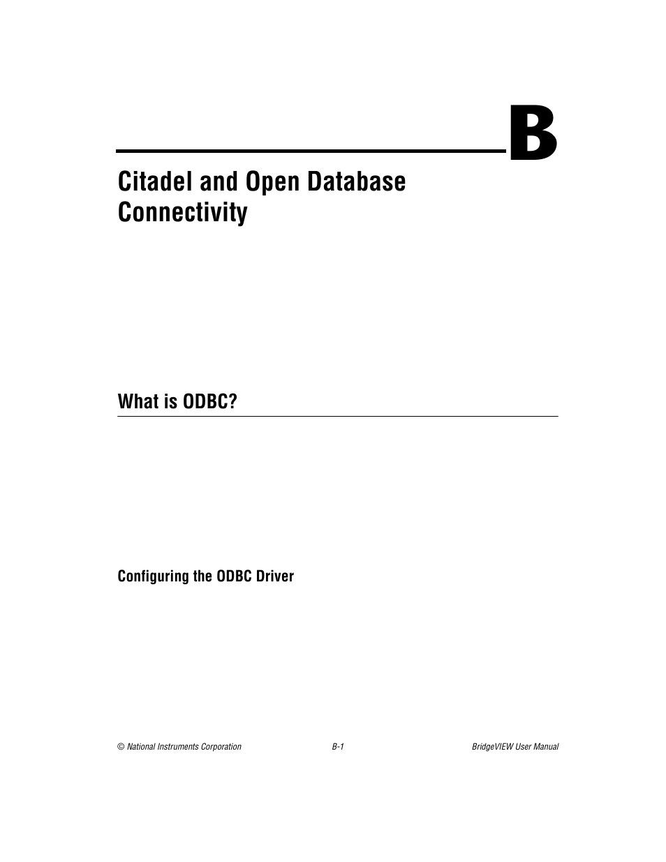Appendix b citadel and open database connectivity, What is odbc, Configuring the odbc driver | Appendix b, Citadel and open database connectivity, Endix b, Describes | National Instruments BridgeVIEW User Manual | Page 406 / 455