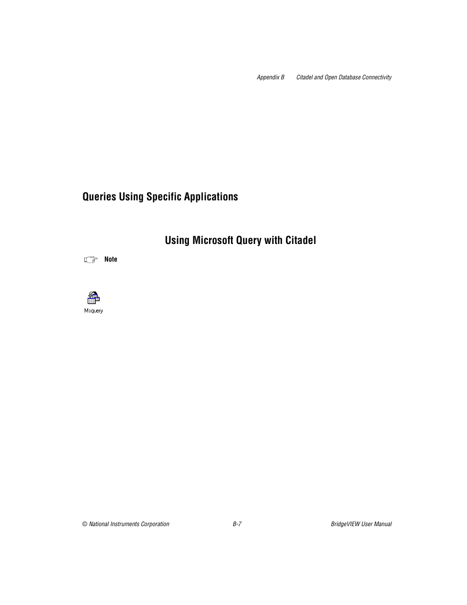 Queries using specific applications, Using microsoft query with citadel | National Instruments BridgeVIEW User Manual | Page 412 / 455