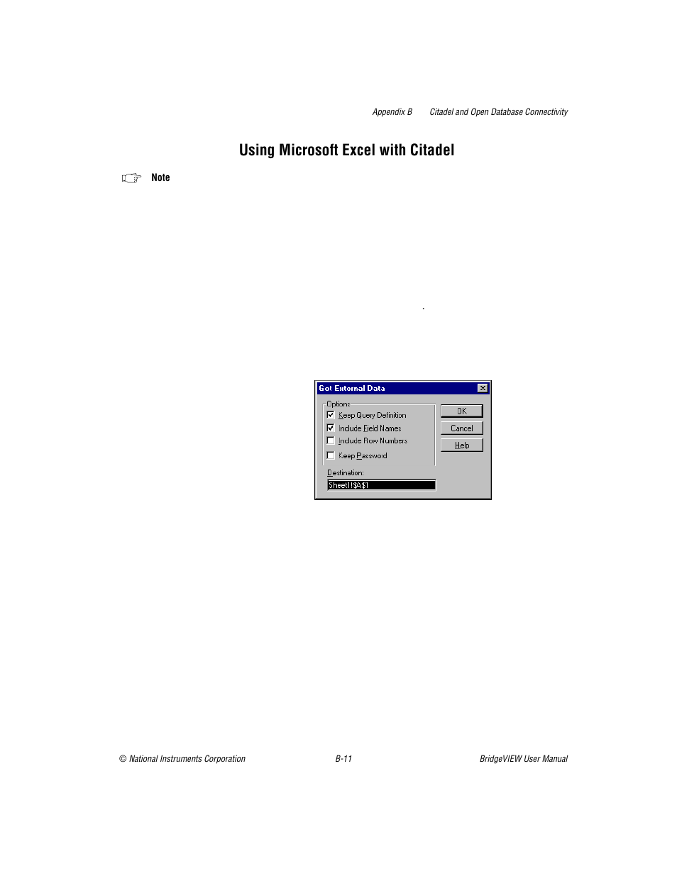 Using microsoft excel with citadel | National Instruments BridgeVIEW User Manual | Page 416 / 455
