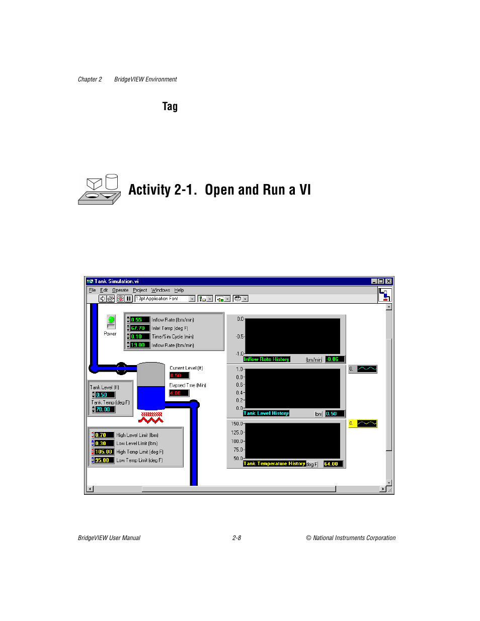 Tag -8, Activity 2-1, Open and run a vi -8 | Activity 2-1. open and run a vi | National Instruments BridgeVIEW User Manual | Page 42 / 455