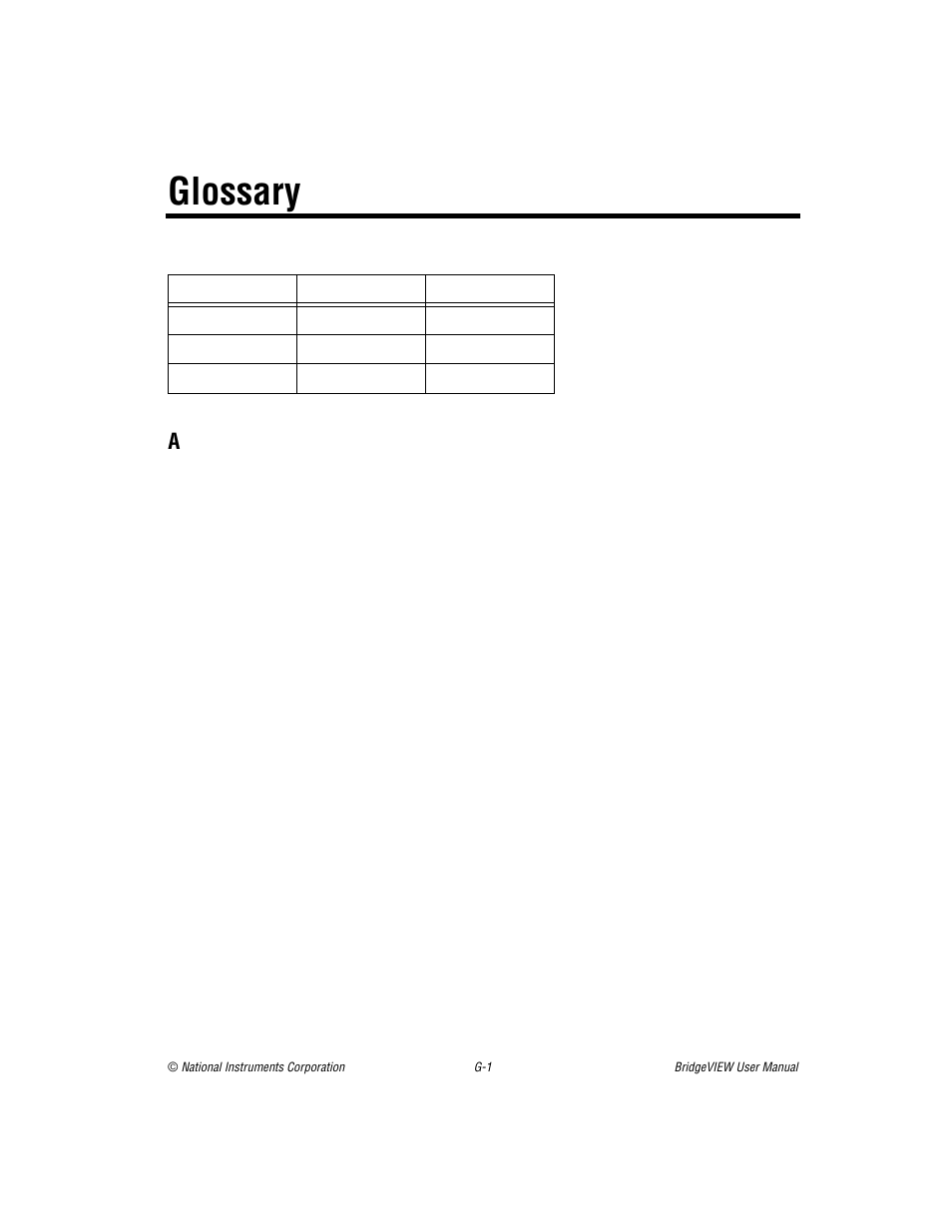 Glossary, Contains an, Are listed in the | Attribute nodes, Are special block diagram nodes that, Array, Is a, Alarm, Analog tag | National Instruments BridgeVIEW User Manual | Page 425 / 455