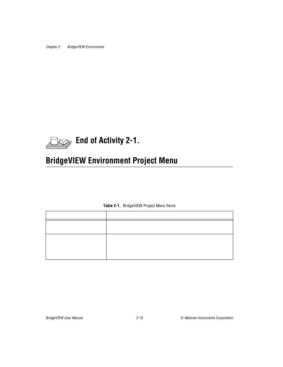 Bridgeview environment project menu, Bridgeview environment project menu -10, Table 2-1 | Bridgeview project menu items -10 | National Instruments BridgeVIEW User Manual | Page 44 / 455