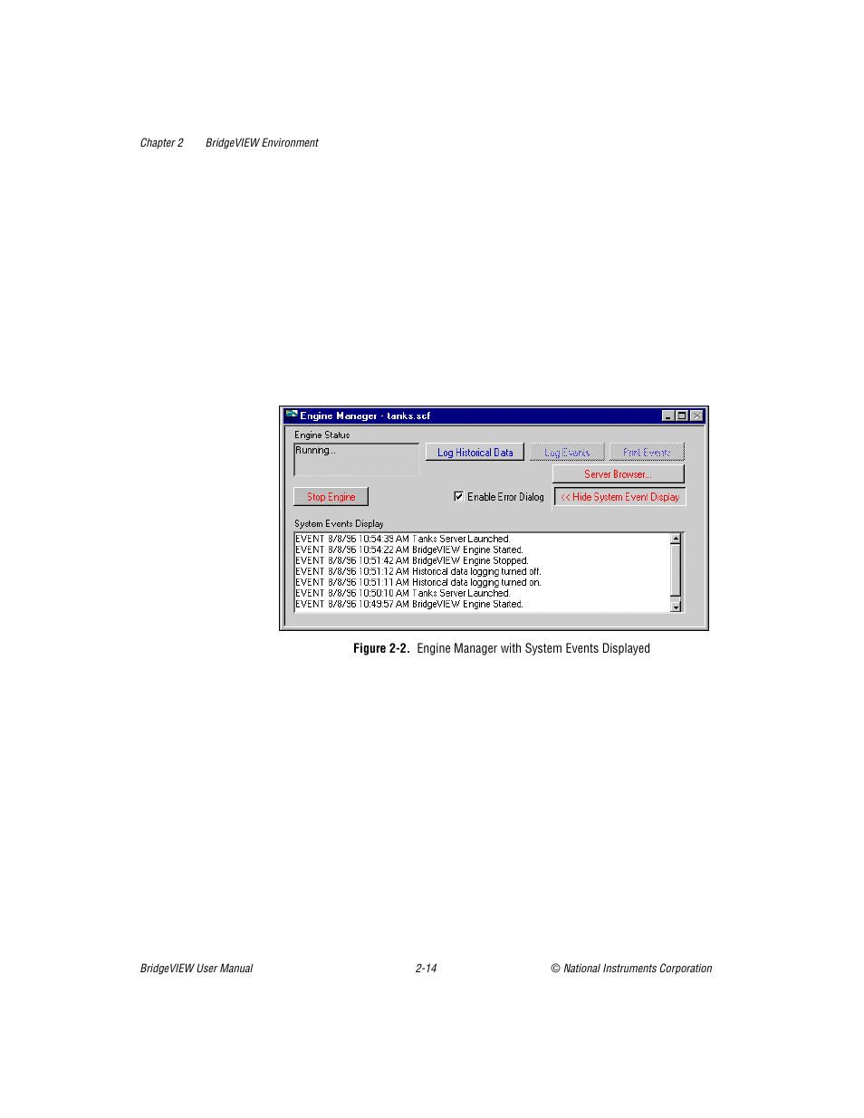 Figure 2-2, Engine manager with system events displayed -14 | National Instruments BridgeVIEW User Manual | Page 48 / 455