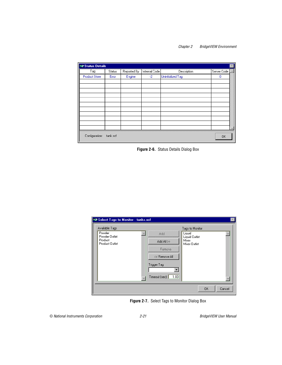 Figure 26. status details dialog box, Figure 27. select tags to monitor dialog box, Figure 2-6 | Select tags to monitor dialog box -22, Figure 2-7, Write to tag dialog box -22 | National Instruments BridgeVIEW User Manual | Page 55 / 455