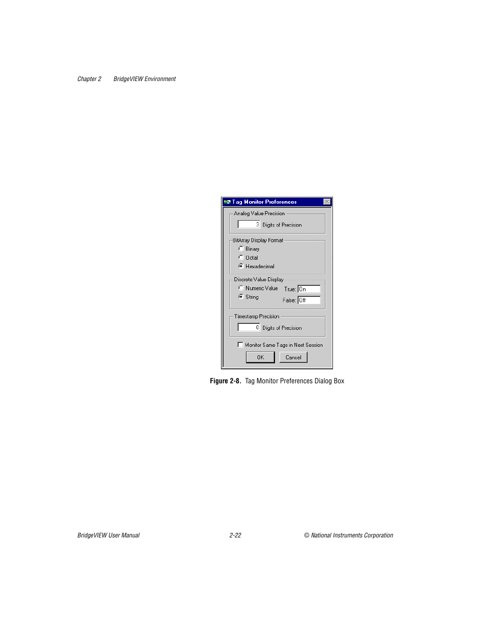 Figure 28. tag monitor preferences dialog box, Figure 2-8, Tag monitor preferences dialog box -23 | National Instruments BridgeVIEW User Manual | Page 56 / 455
