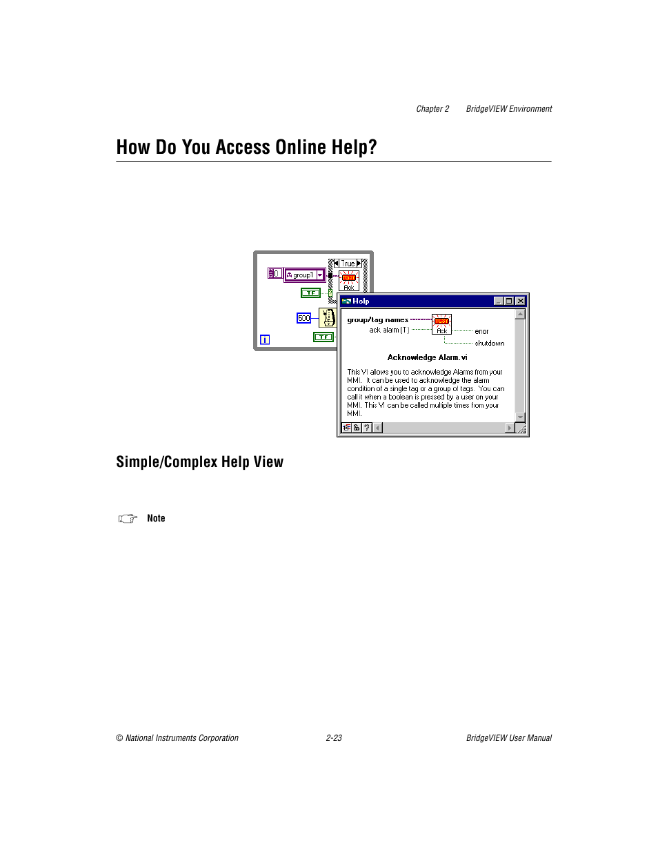 How do you access online help, Simple/complex help view, How do you access online help? -23 | Simple/complex help view -23 | National Instruments BridgeVIEW User Manual | Page 57 / 455