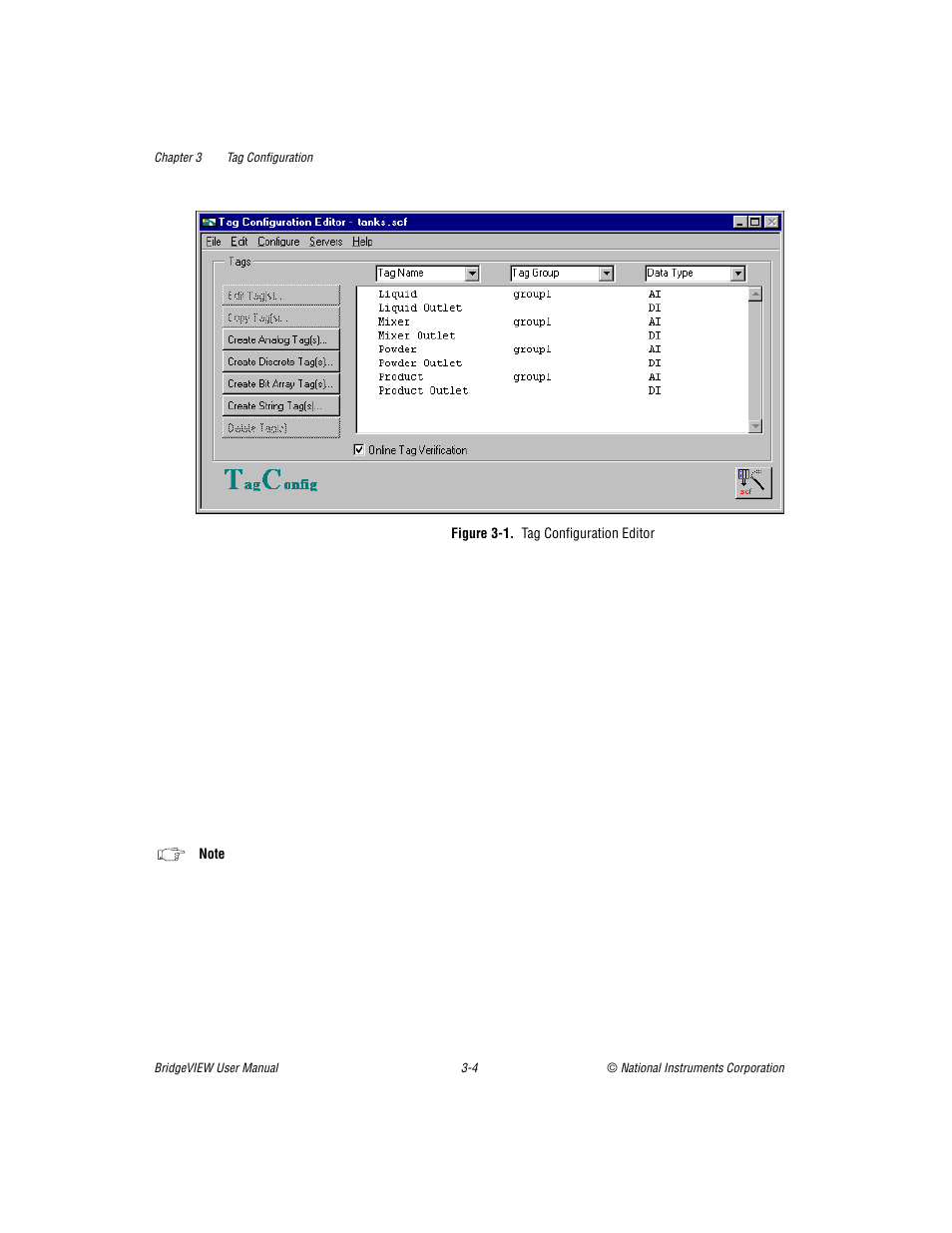 Figure 31. tag configuration editor, Figure 3-1, Tag configuration editor -4 | En vi. figure 3 | National Instruments BridgeVIEW User Manual | Page 62 / 455