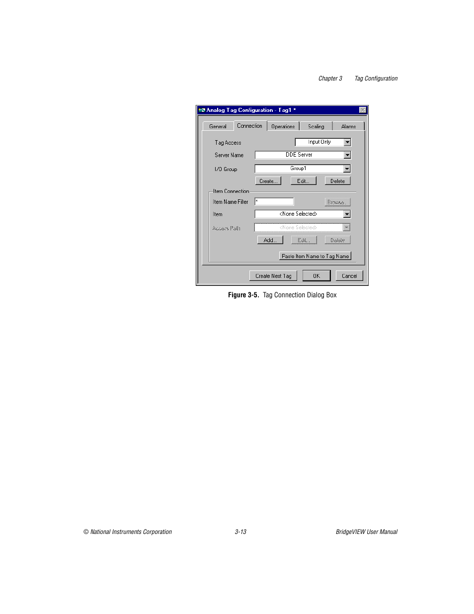 Figure 35. tag connection dialog box, Figure 3-5, Tag connection dialog box -14 | National Instruments BridgeVIEW User Manual | Page 71 / 455