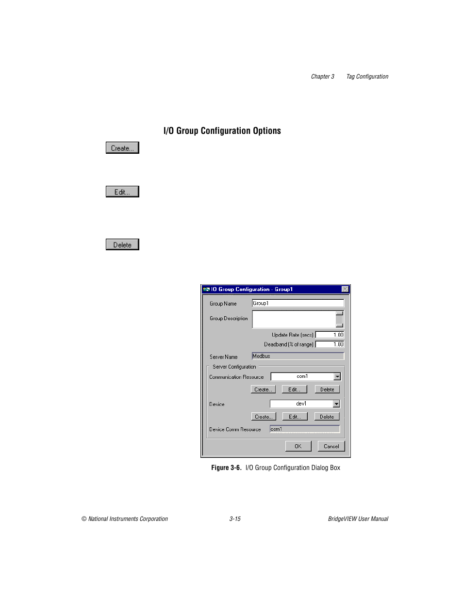 Figure 36. i/o group configuration dialog box, I/o group configuration options -15, Figure 3-6 | I/o group configuration dialog box -17, I/o group configuration options | National Instruments BridgeVIEW User Manual | Page 73 / 455
