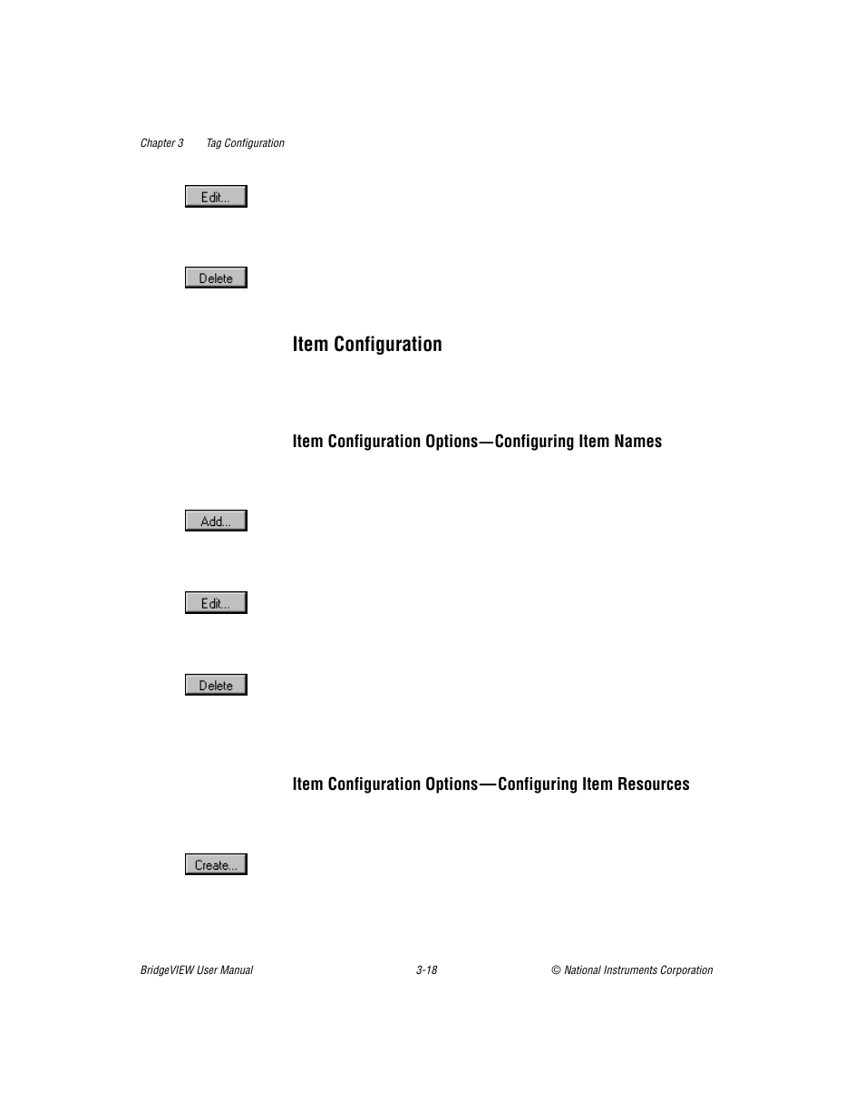 Item configuration, Item configuration -18, Item configuration options—configuring | Item names -18, Item resources -18 | National Instruments BridgeVIEW User Manual | Page 76 / 455