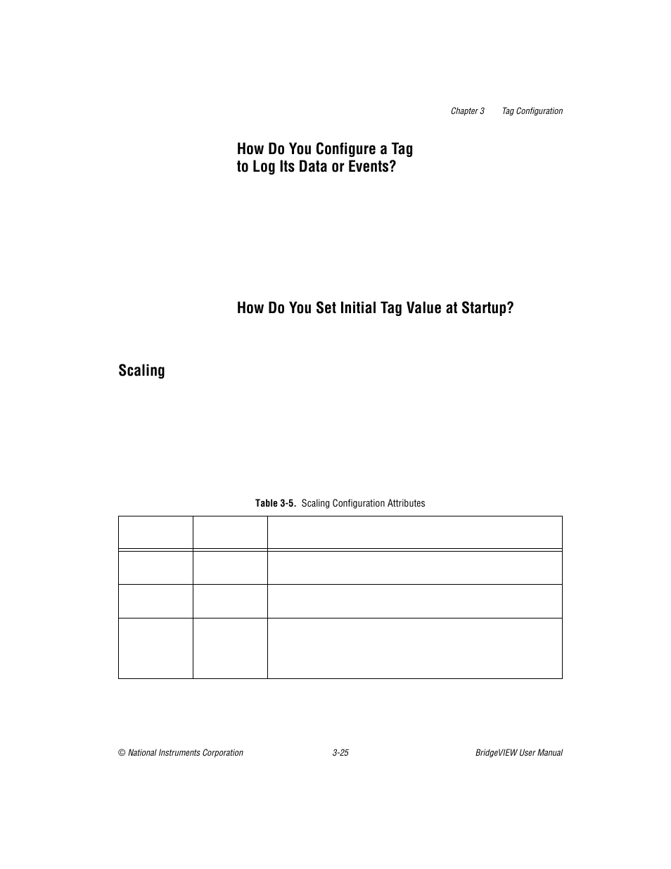 How do you set initial tag value at startup, Scaling, Scaling -25 | Table 3-5, Scaling configuration attributes -27 | National Instruments BridgeVIEW User Manual | Page 83 / 455