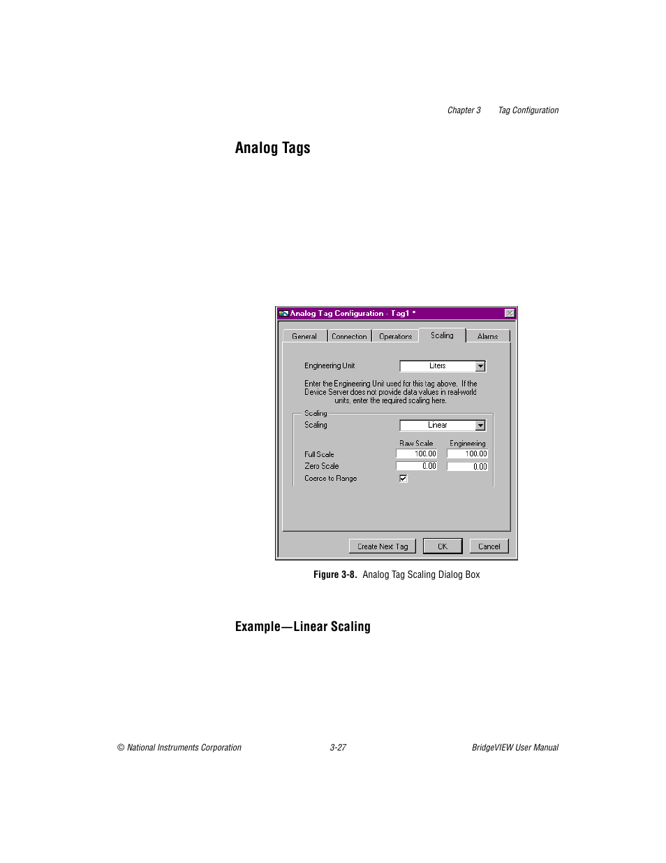Analog tags, Figure 38. analog tag scaling dialog box, Analog tags -27 | Example—linear scaling -27, Figure 3-8, Analog tag scaling dialog box -29 | National Instruments BridgeVIEW User Manual | Page 85 / 455
