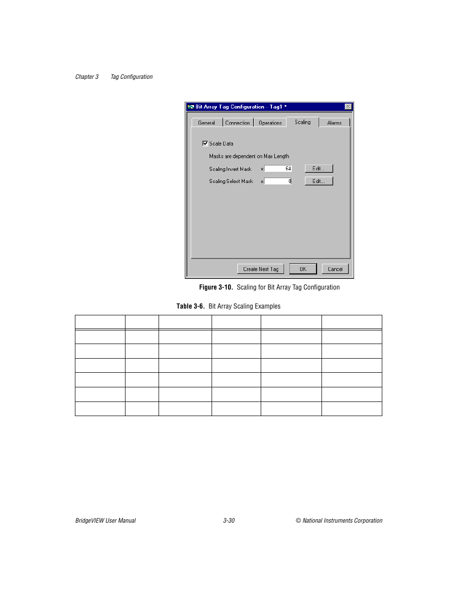 Table 36. bit array scaling examples, Figure 3-10, Scaling for bit array tag configuration -31 | Table 3-6, Bit array scaling examples -32 | National Instruments BridgeVIEW User Manual | Page 88 / 455