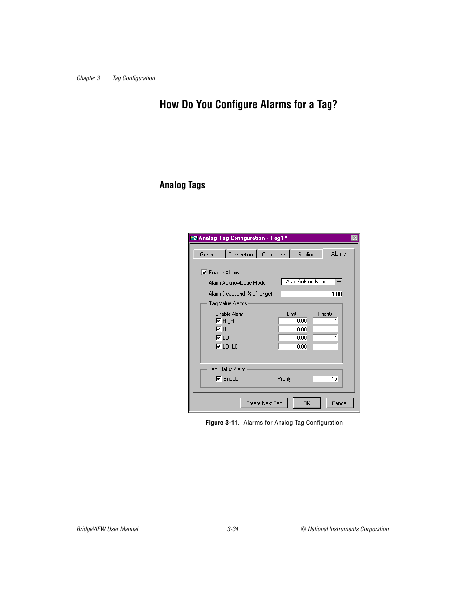 How do you configure alarms for a tag, Figure 311. alarms for analog tag configuration, How do you configure alarms for a tag? -34 | Analog tags -34, Figure 3-11, Alarms for analog tag configuration -36, Analog tags | National Instruments BridgeVIEW User Manual | Page 92 / 455