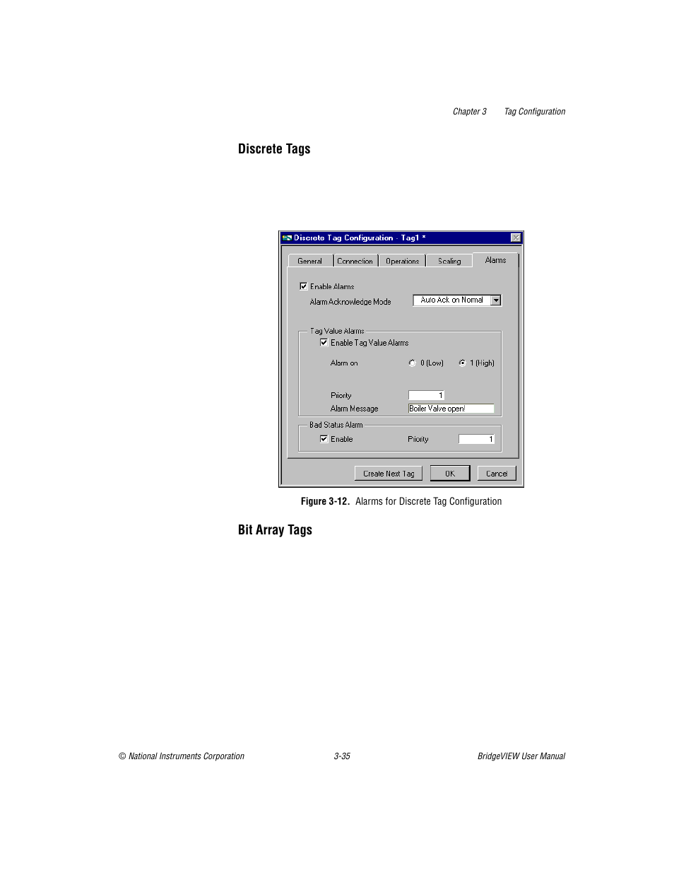 Figure 312. alarms for discrete tag configuration, Discrete tags -35 bit array tags -35, Figure 3-12 | Alarms for discrete tag configuration -37, Discrete tags, Bit array tags | National Instruments BridgeVIEW User Manual | Page 93 / 455