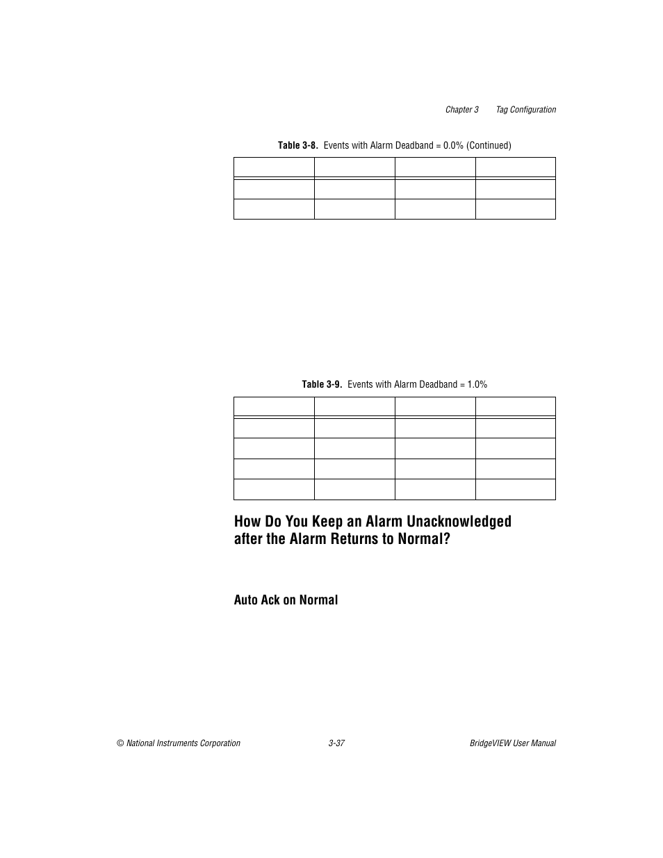 Table 39. events with alarm deadband = 1.0, How do you keep an alarm unacknowledged, After the alarm returns to normal? -37 | Auto ack on normal -37, Table 3-9, Events with alarm deadband = 1.0% -39 | National Instruments BridgeVIEW User Manual | Page 95 / 455