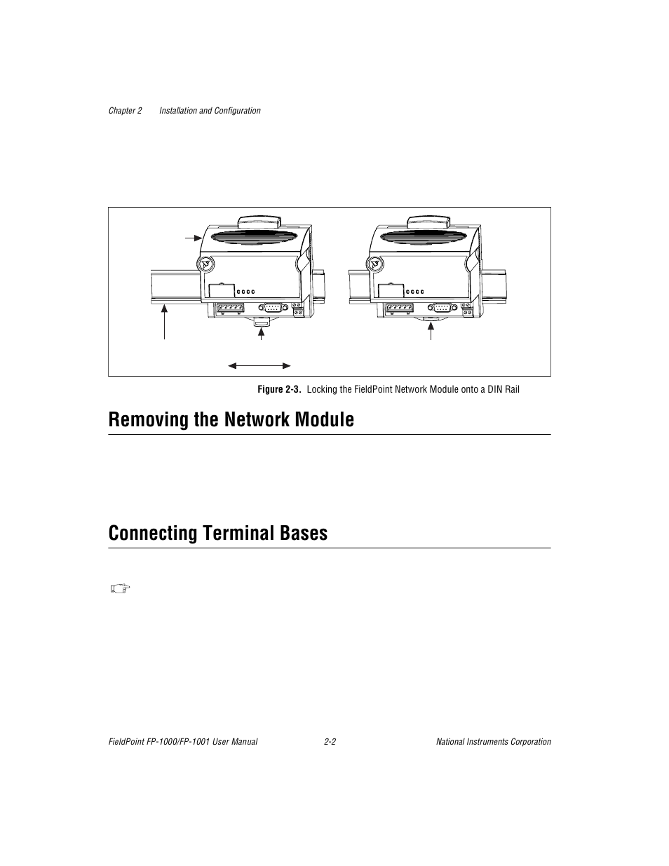 Removing the network module, Connecting terminal bases, Figure 2-3. locking the fieldpoint network module | Figure 2-3 | National Instruments FP-1001 User Manual | Page 13 / 50