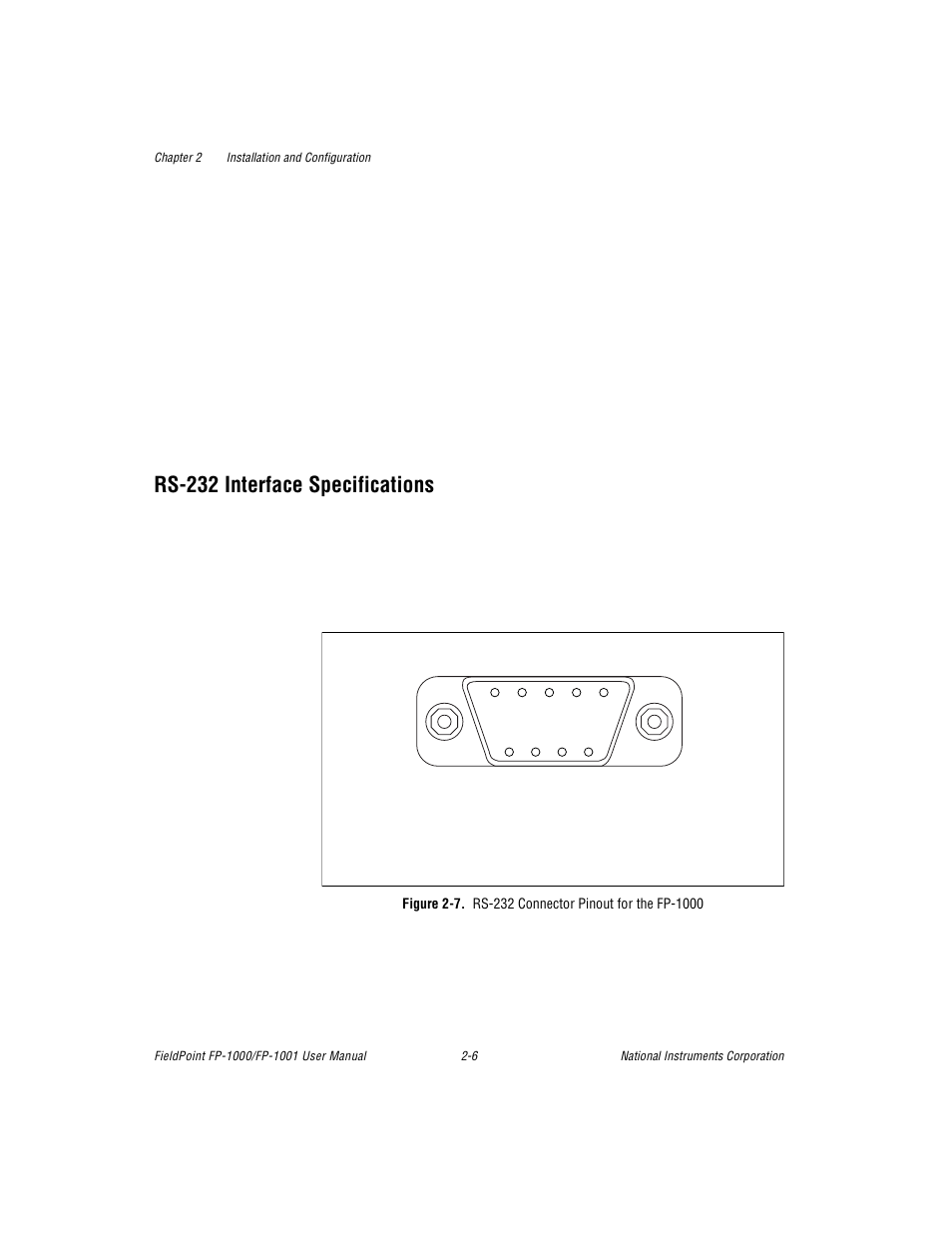 Rs-232 interface specifications, Figure 2-7. rs-232 connector pinout for the fp-100, Rs-232 interface specifications -6 | Figure 2-7, Rs-232 connector pinout for the fp-1000 -6 | National Instruments FP-1001 User Manual | Page 17 / 50