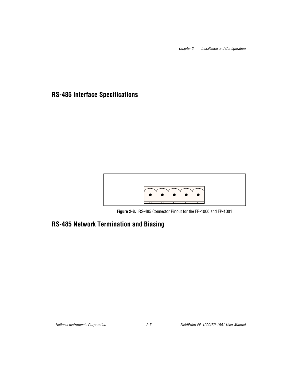 Rs-485 interface specifications, Rs-485 network termination and biasing, Figure 2-8. rs-485 connector pinout for the fp-100 | Figure 2-8 | National Instruments FP-1001 User Manual | Page 18 / 50