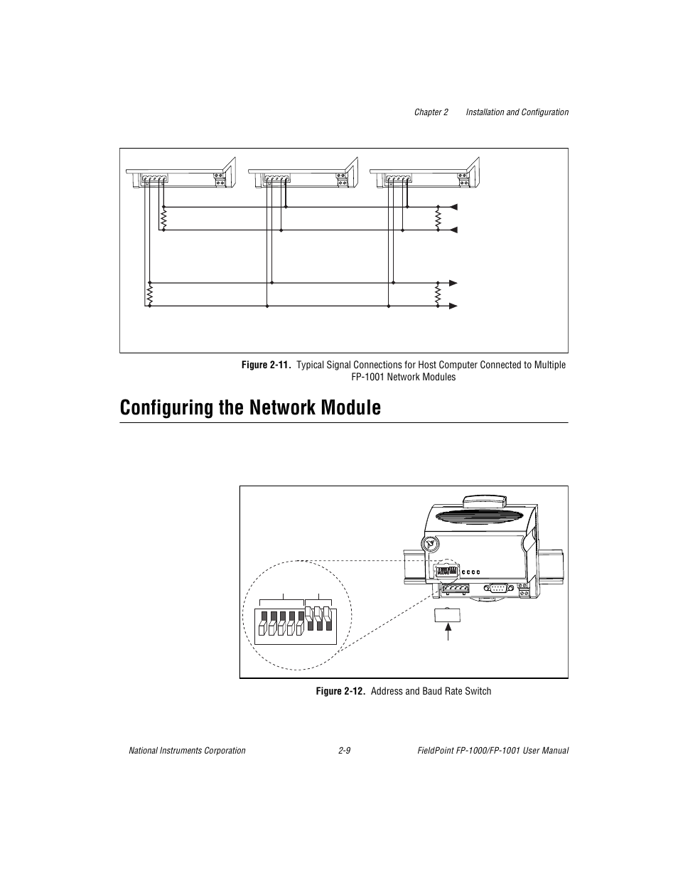 Configuring the network module, Figure 2-11. typical signal connections for host c, Figure 2-12. address and baud rate switch | Configuring the network module -9, Multiple fp-1001 network modules -9, Figure 2-12. address and baud rate switch -9, 11 sh | National Instruments FP-1001 User Manual | Page 20 / 50