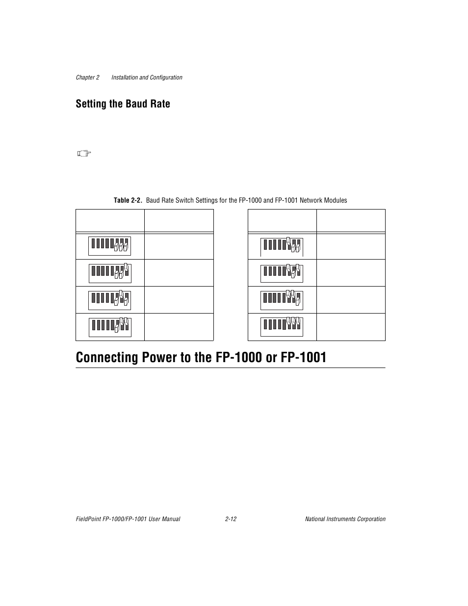 Setting the baud rate, Connecting power to the fp-1000 or fp-1001, Table 2-2. baud rate switch settings for the fp-10 | Setting the baud rate -12, Connecting power to the fp-1000 or fp-1001 -12, Table 2-2 | National Instruments FP-1001 User Manual | Page 23 / 50