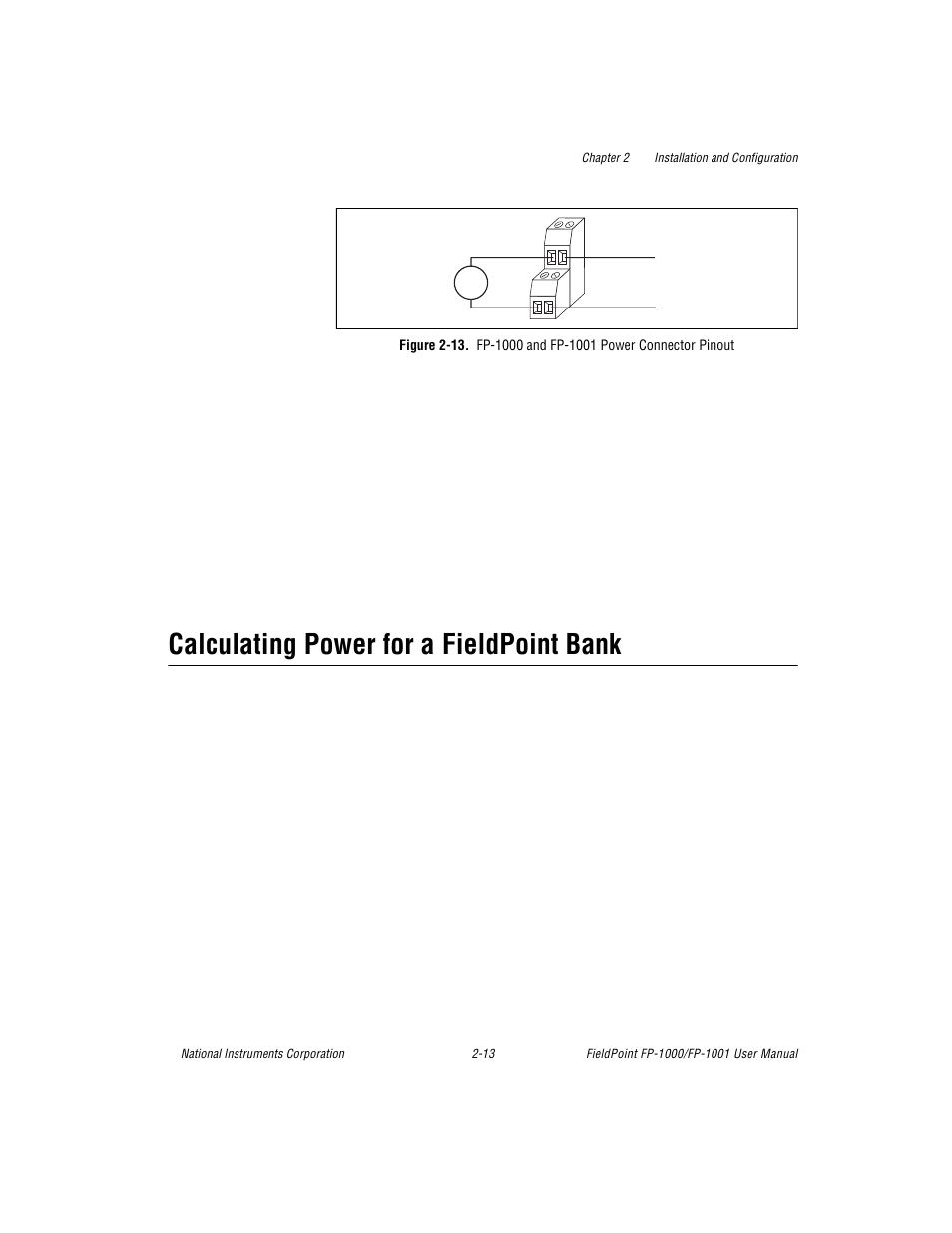 Calculating power for a fieldpoint bank, Figure 2-13. fp-1000 and fp-1001 power connector p, Calculating power for a fieldpoint bank -13 | National Instruments FP-1001 User Manual | Page 24 / 50