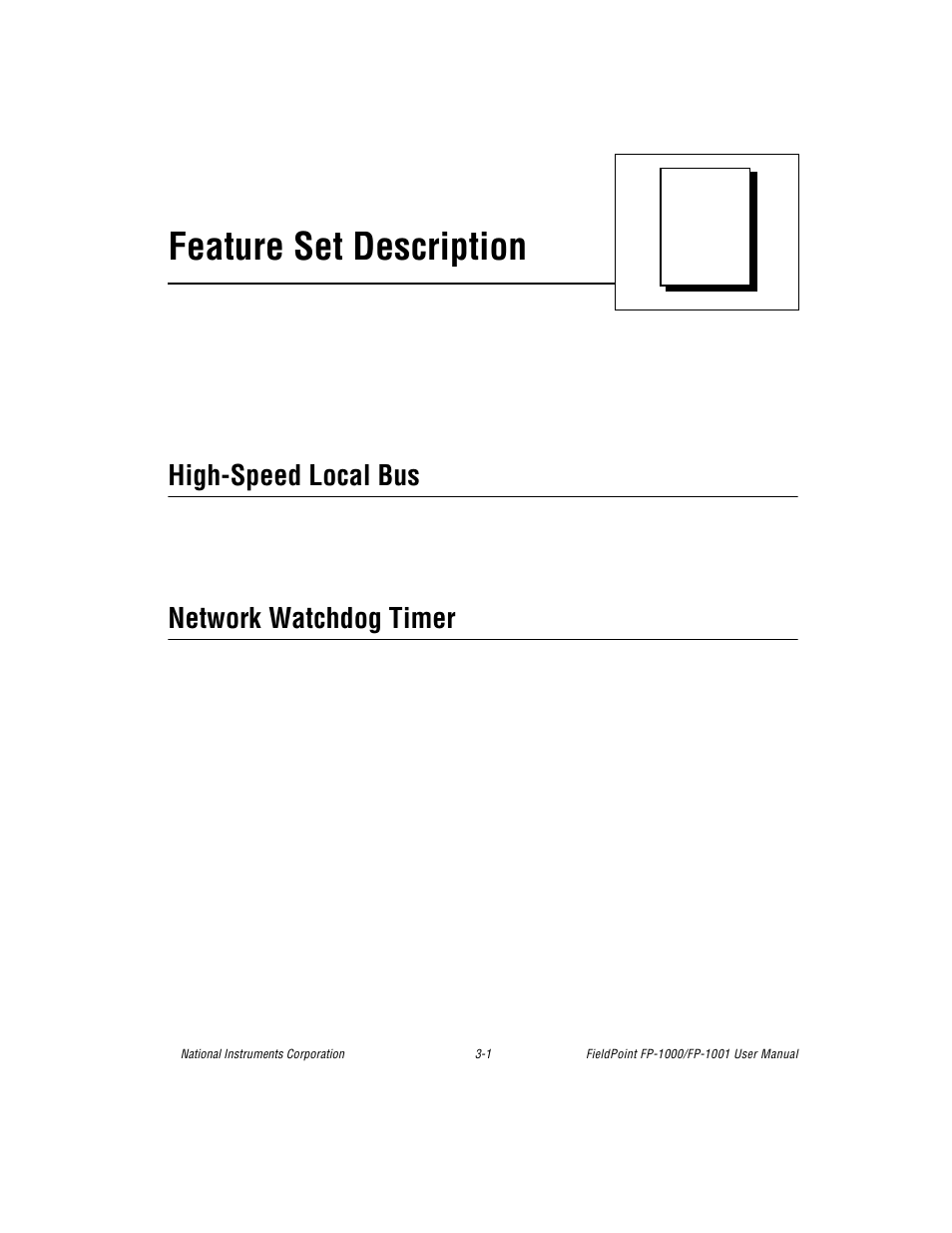 Chapter 3 feature set description, High-speed local bus, Network watchdog timer | High-speed local bus -1 network watchdog timer -1, Feature set description | National Instruments FP-1001 User Manual | Page 25 / 50