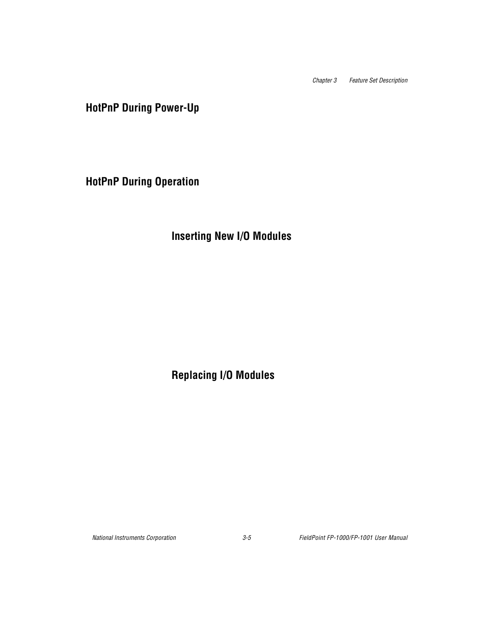 Hotpnp during power-up, Hotpnp during operation, Inserting new i/o modules | Replacing i/o modules | National Instruments FP-1001 User Manual | Page 29 / 50