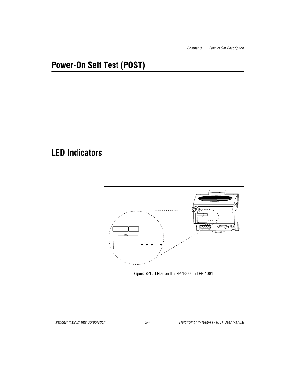 Power-on self test (post), Led indicators, Figure 3-1. leds on the fp-1000 and fp-1001 | Power-on self test (post) -6 led indicators -7, Figure 3-1, Leds on the fp-1000 and fp-1001 -7 | National Instruments FP-1001 User Manual | Page 31 / 50