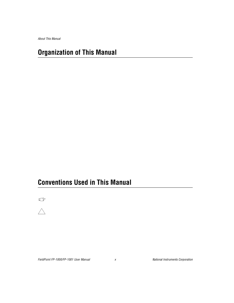 Organization of this manual, Conventions used in this manual | National Instruments FP-1001 User Manual | Page 8 / 50