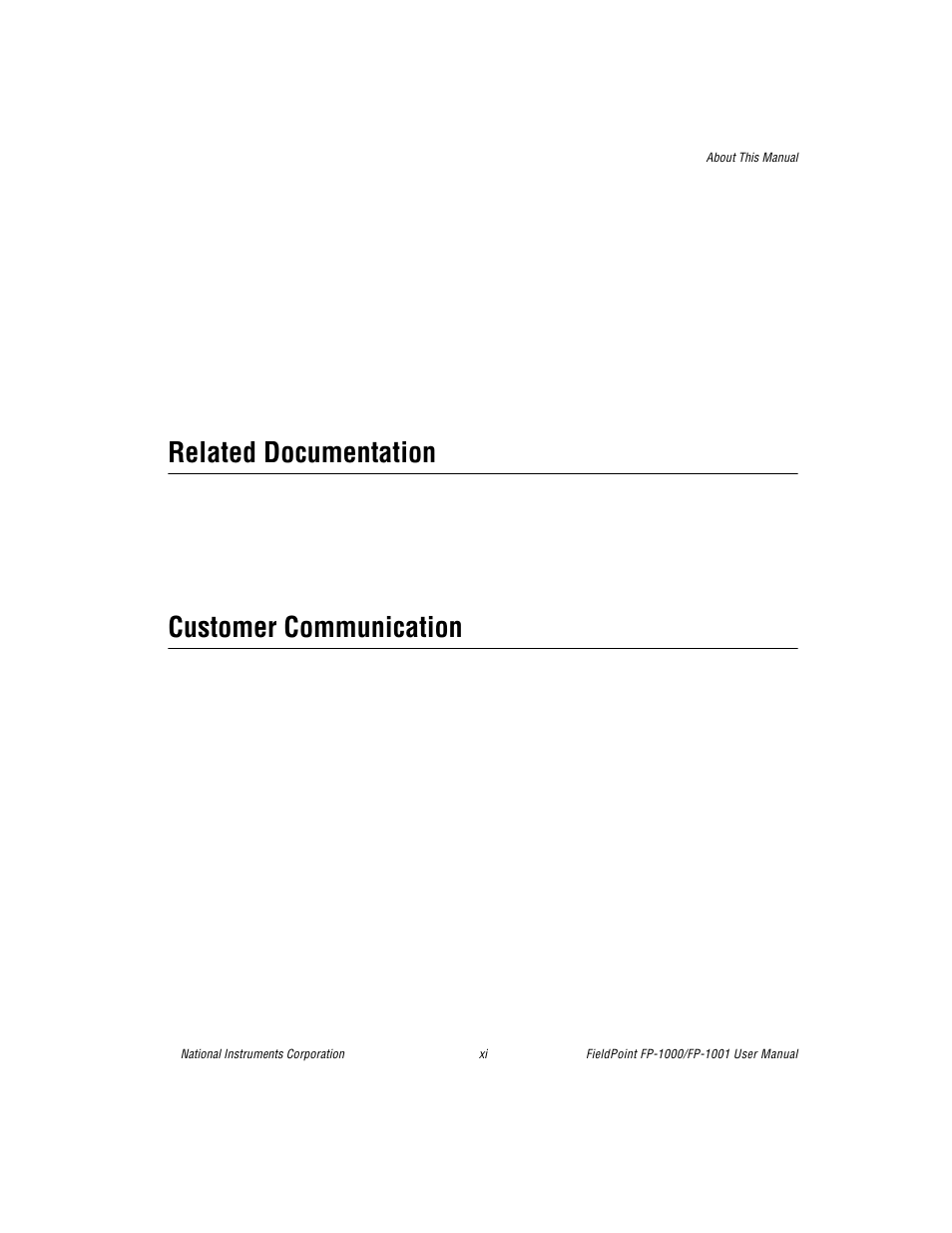 Related documentation, Customer communication | National Instruments FP-1001 User Manual | Page 9 / 50