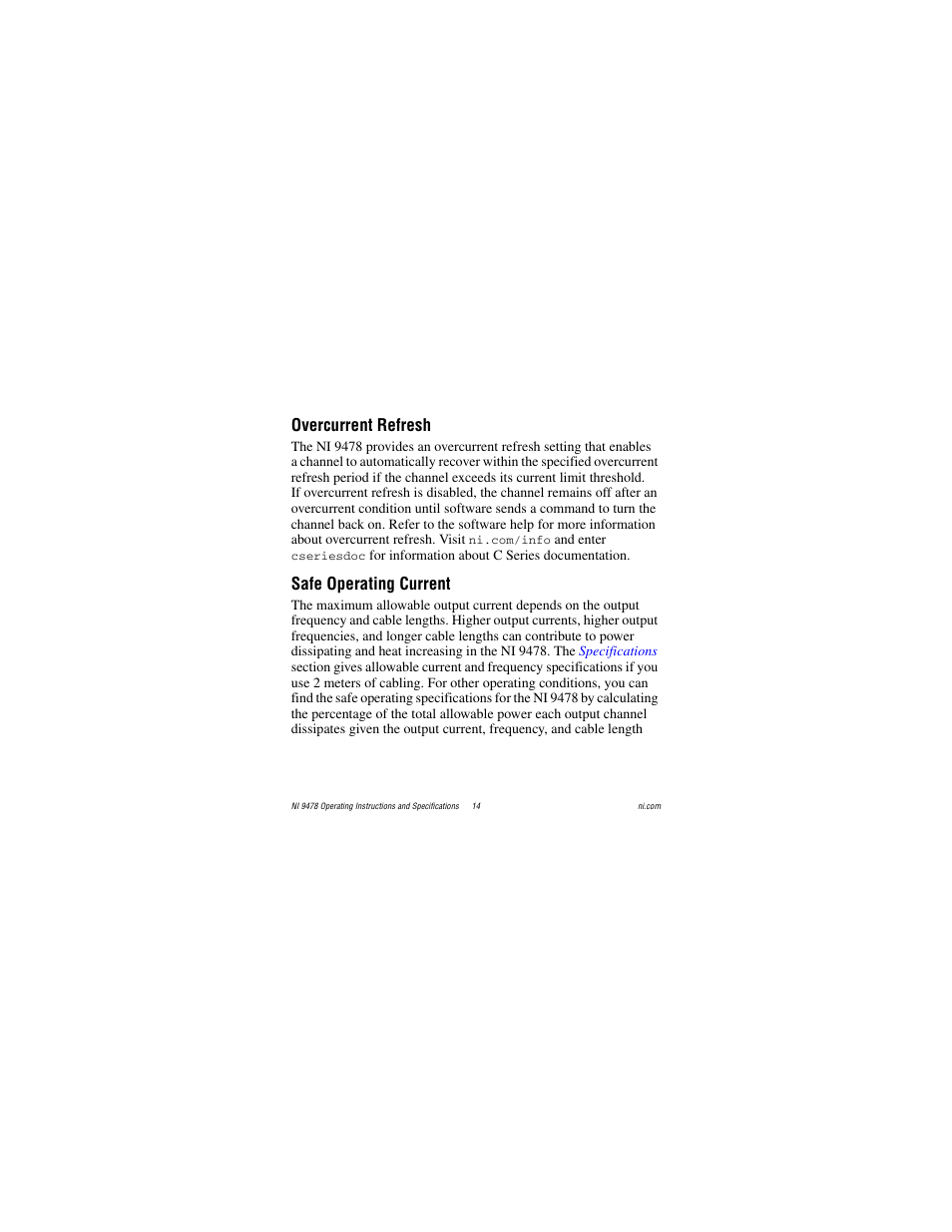 Overcurrent refresh, Safe operating current | National Instruments NI 9478 User Manual | Page 14 / 32