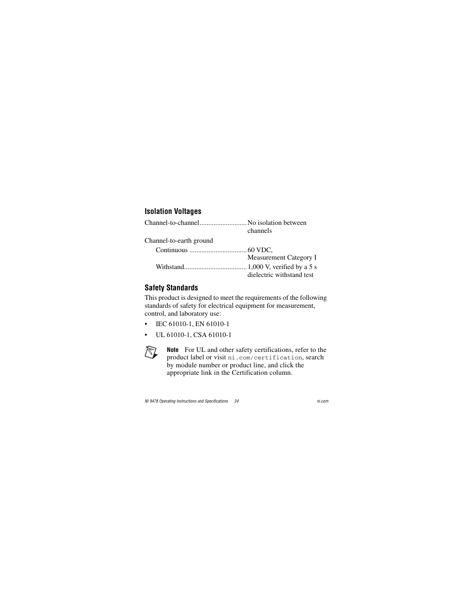 Isolation voltages, Safety standards | National Instruments NI 9478 User Manual | Page 24 / 32