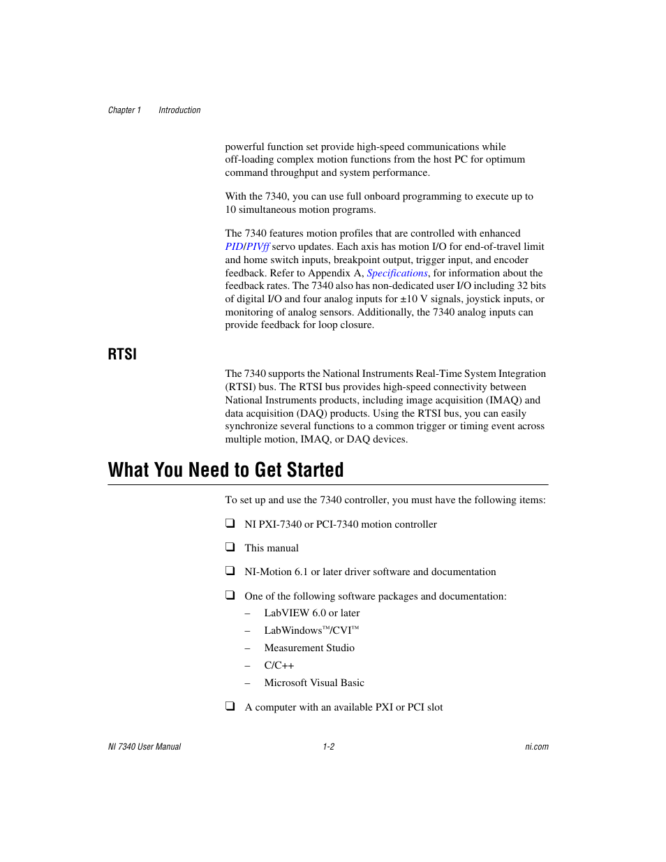 Rtsi, What you need to get started, Rtsi -2 | What you need to get started -2 | National Instruments 7340 PCI User Manual | Page 10 / 67